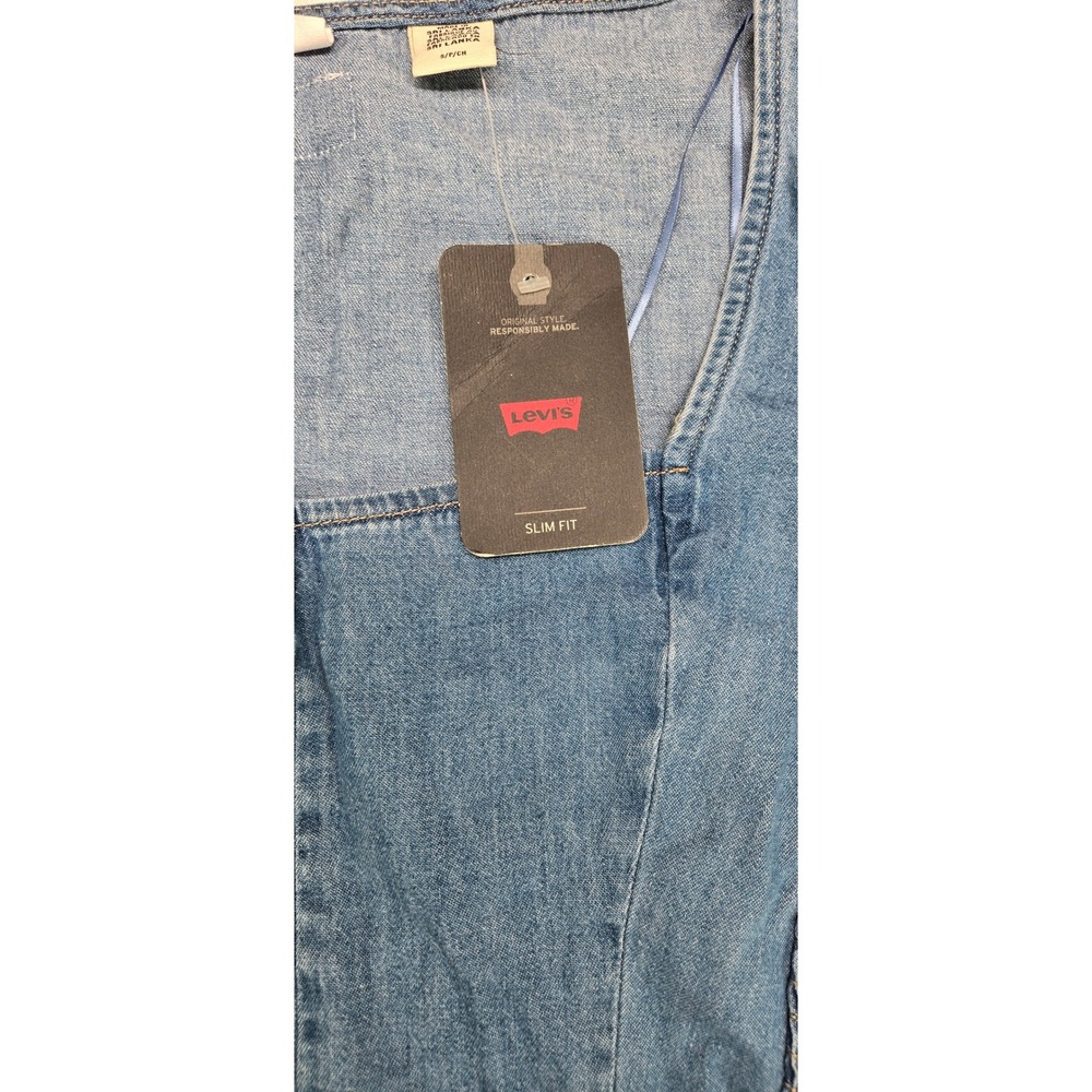 Levis Womens Blue Denim Square Neck Slim Fit Top Smocked Sides Size S NWT - Picture 3 of 10